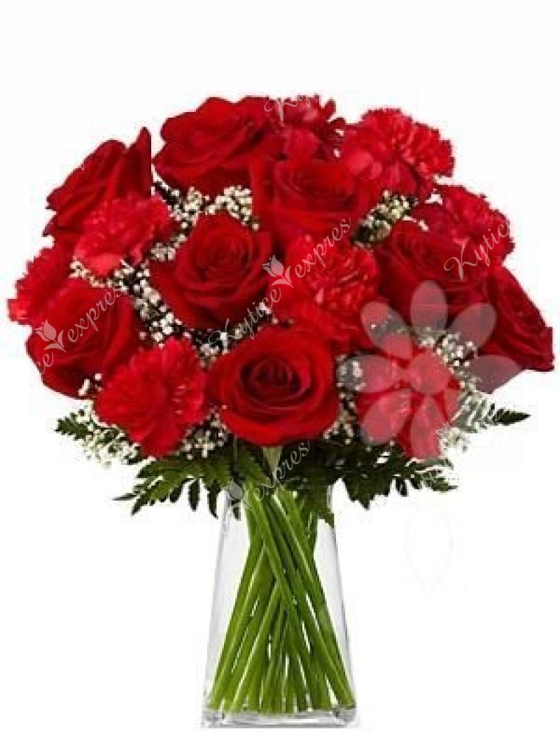 Assorted roses with carnations in a bouquet of Amanda