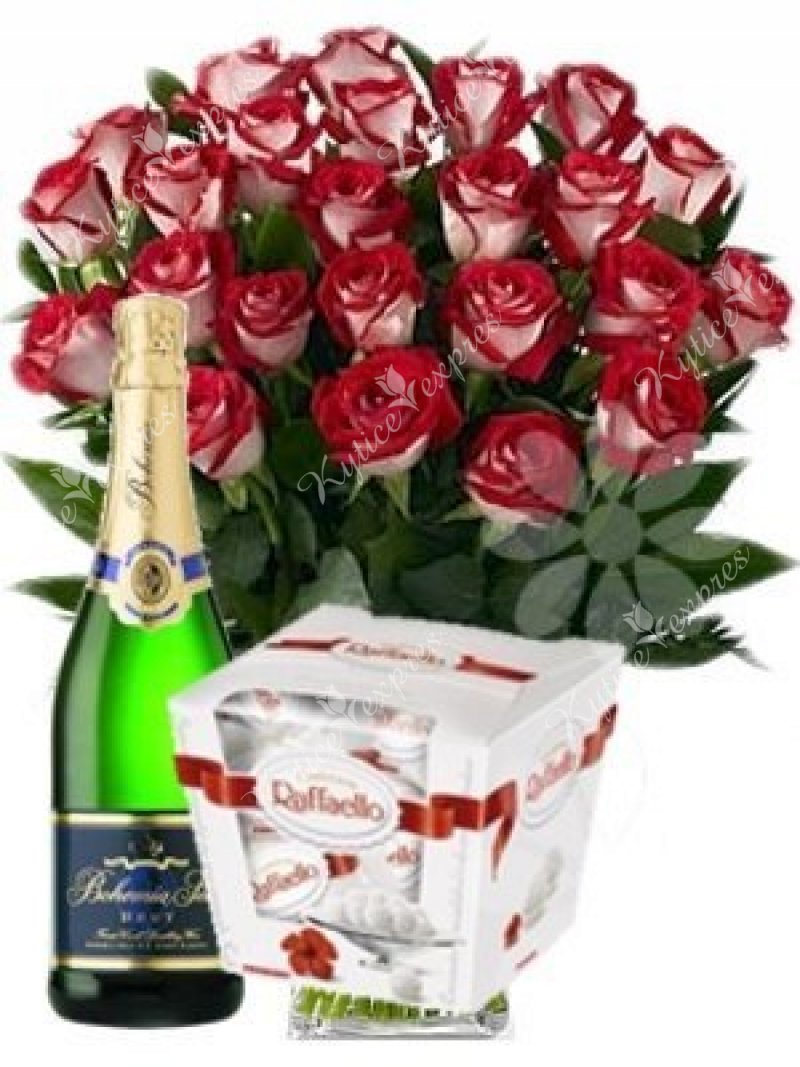 Set bouquets of brindle roses, sparkling wine and Raffaello