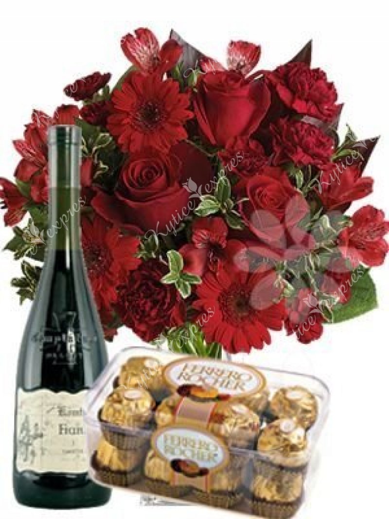 Set kytice Alexa, lahve červeného vína a Ferrero Rocher