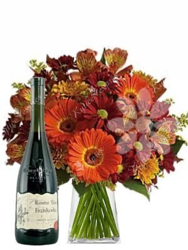 Dárkový set kytice Hermiona s lahví červeného vína